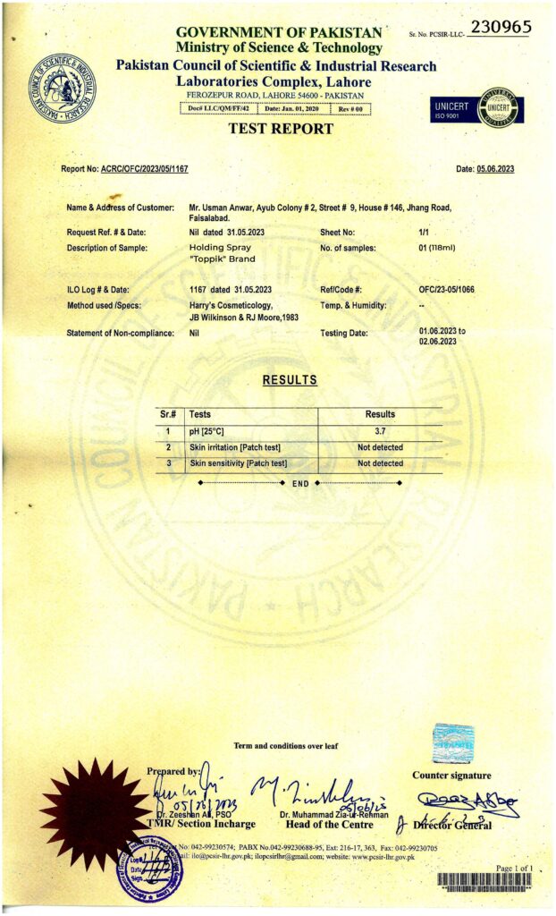 Official PCSIR laboratory test report and safety certification for Toppik holding spray in Pakistan