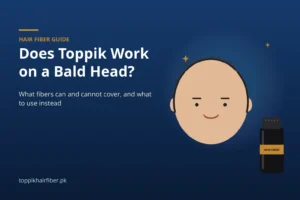 Illustration of a man with a bald head next to a hair fiber bottle, showing where Toppik can and cannot cover