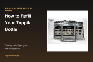 Pouring Toppik hair fiber refill into a bottle with sifter top