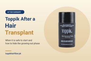 Toppik hair fiber bottle used to hide thinning after a hair transplant