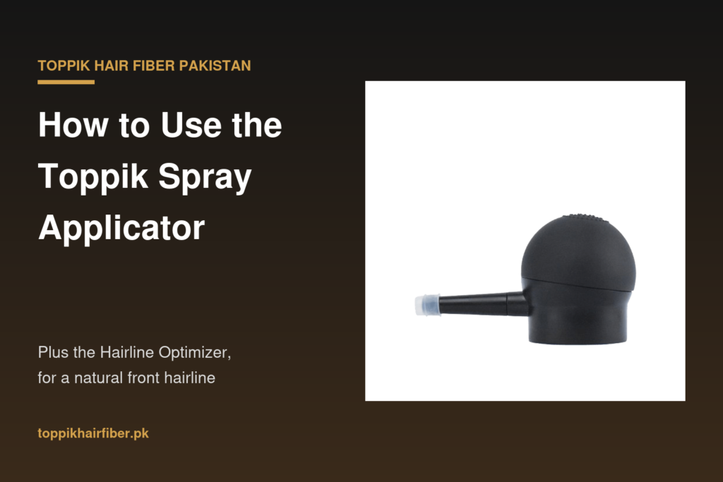 Toppik spray applicator attached to a hair fiber bottle, with hairline optimizer guide