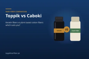 Illustration comparing a keratin hair fiber bottle with a plant-based hair fiber bottle for Toppik vs Caboki