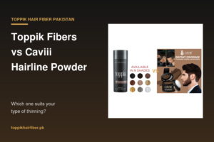 Toppik hair fiber bottle next to Caviii hairline powder compact